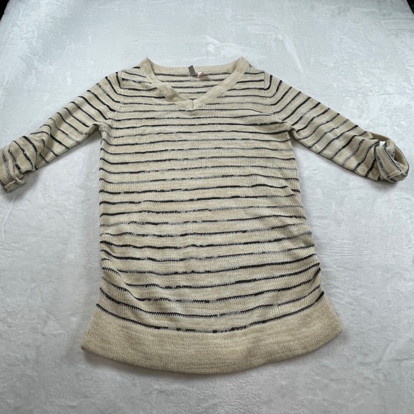 Oh! Mamma Sweaters - Oh! Mamma Womens Maternity Striped V-Neck Ruched Long Sleeve Sweater Cream M